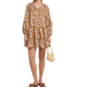 Kourt Kady Floral Smocked Tiered Long Sleeve Boho Mini Dress, Multi, M